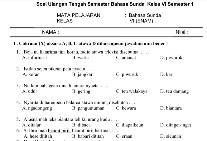 Soal uts bahasa sunda kelas 6 semester 1 2018 pdf